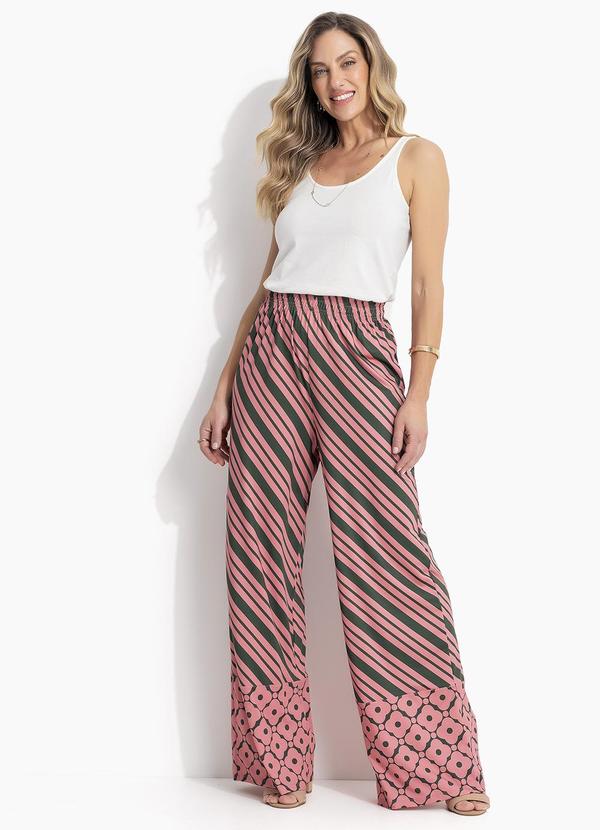 Calça Pantalona Listrada em Malha Fria com Cós Elástico