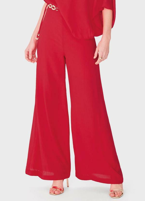 Calça Pantalona Acetinada com Corrente Vermelho