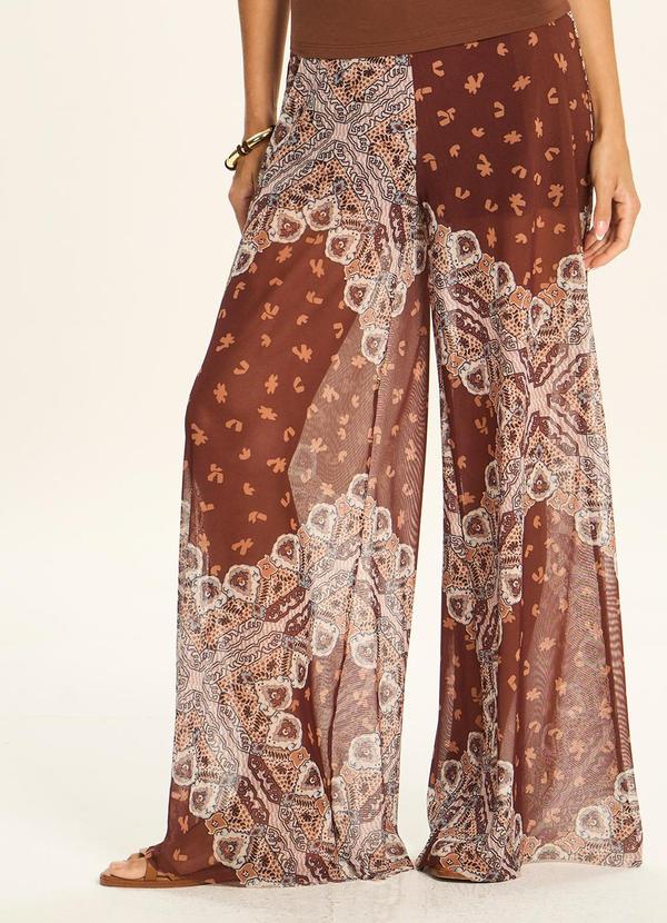Calça Pantalona Ampla em Tule Estampado Marrom