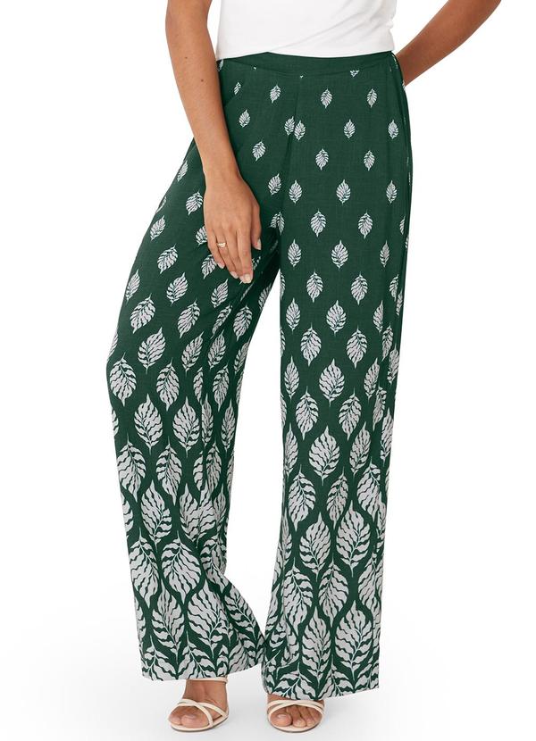 Calça Pantalona Folhagens em Viscose Verde