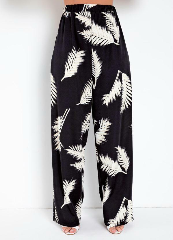 Vista 2 Calça Pantalona Folhas Preta Moda Pop Moda Pop