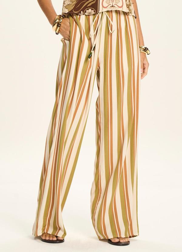 Calça Pantalona Listrada com Amarração Marrom