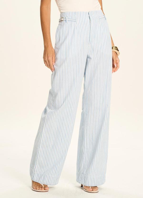 Calça Pantalona Listrada com Cintura Alta Azul