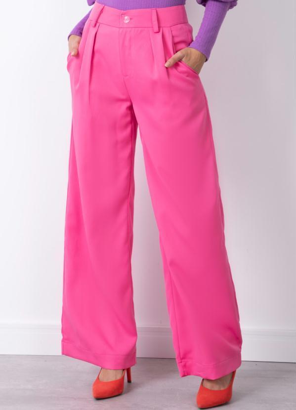 Calça Rosa Pantalona com Pregas e Bolsos