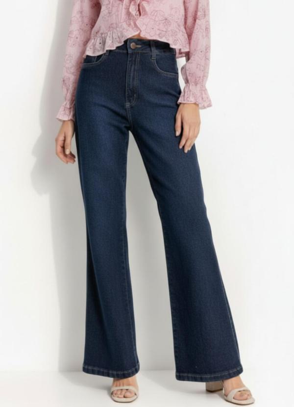 Calça Wide Leg Jeans Azul Escuro em Jeans