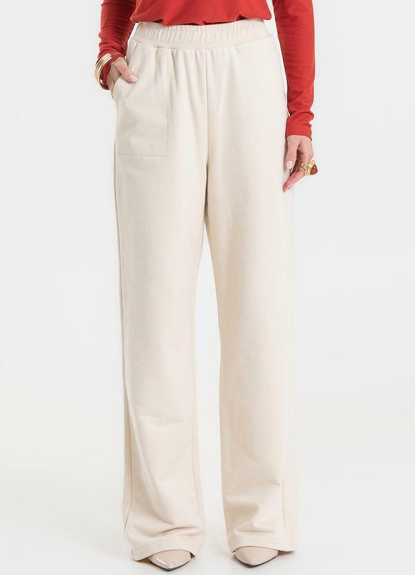 Calça Wide Leg Moletom Peluciado Básico Bege