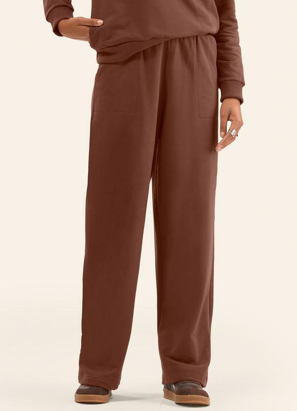 Calça Wide Leg Moletom Peluciado Básico Marrom