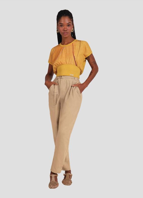 Calça Feminina em Viscose Linho com Cinto Bege