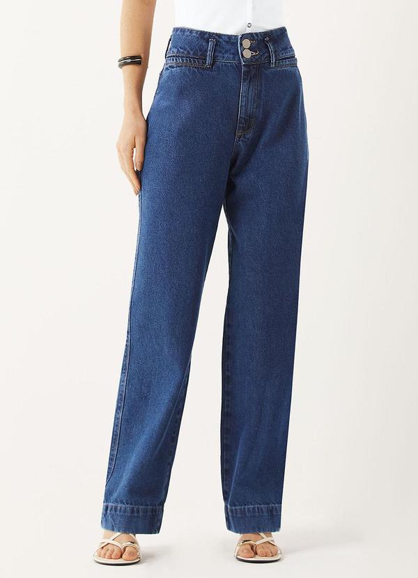 Calça Feminina Jeans Reta Botão Duplo Azul