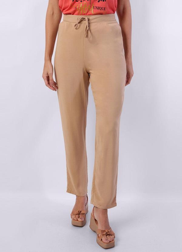 Calça Feminina Reta Viscose Pregas Bege