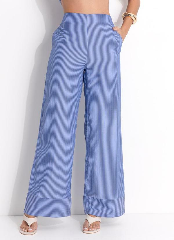 Calça Listrado Azul em Poliéster com Viscose