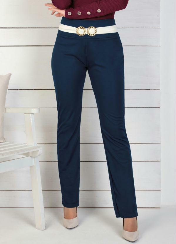 Calça Reta Marinho e Off White com Fivela