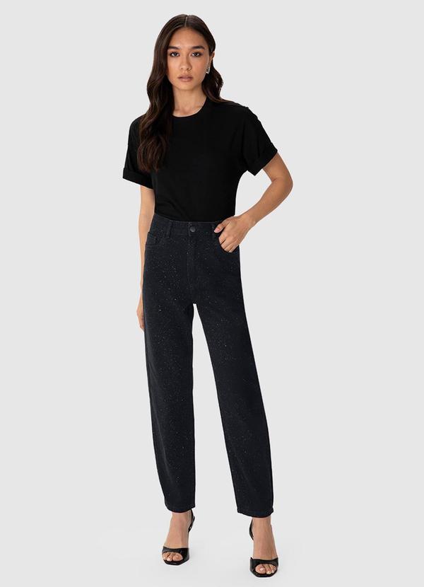 Calça Mom Cintura Alta com Glitter Preto