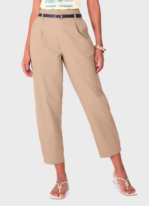 Calça Paper Bag Sarjada Bege