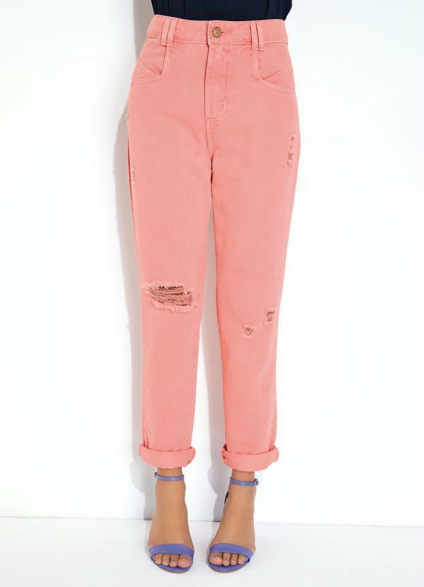 Calça Reta Rosa com Destroyed Sawary