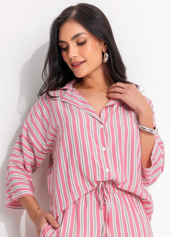 Blusa Listrado Rosa e Cinza em Viscose Plana