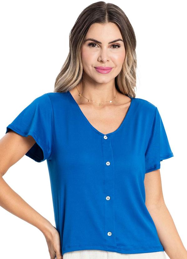 Vista 2 Camisa Feminina Malha Delicate com Botões Azul Rovitex Rovitex