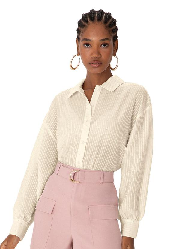 Camisa Ampla Listrada com Brilho Off White