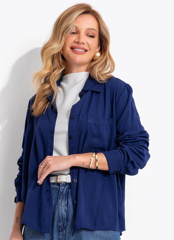 Camisa Azul Marinho em Viscose Plana Sarjada