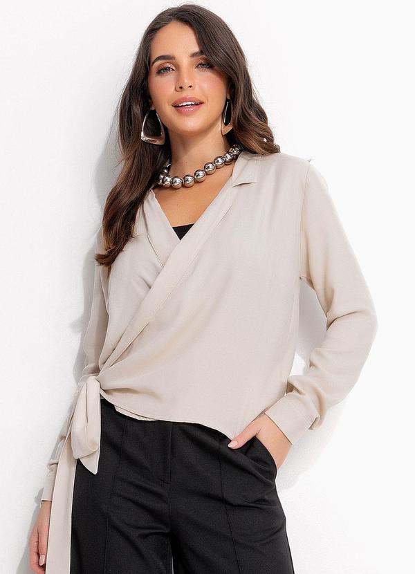 Camisa Bege Claro em Viscose Plana Sarjada
