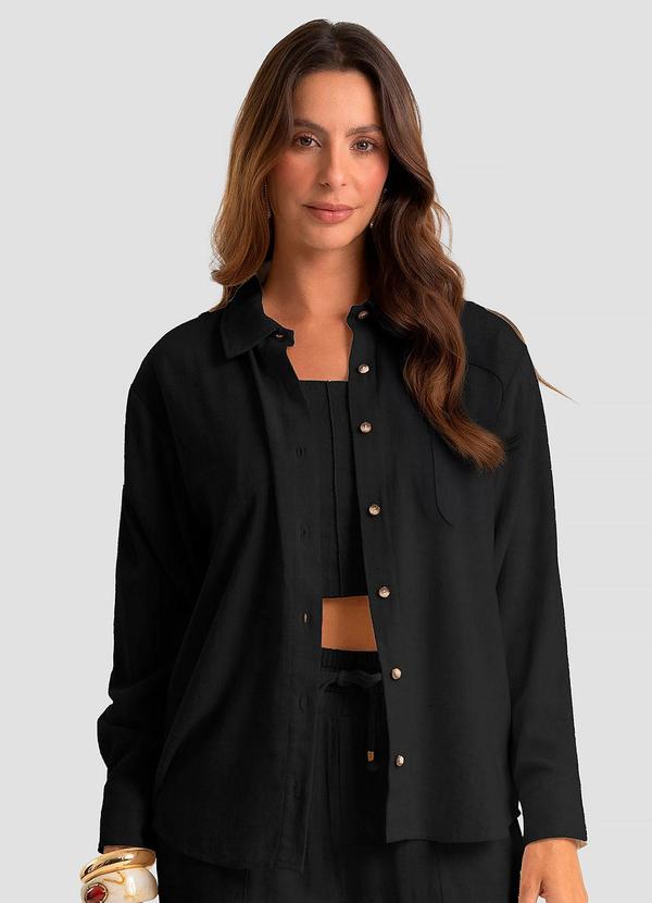Camisa Feminina Manga Longa em Linho Preto