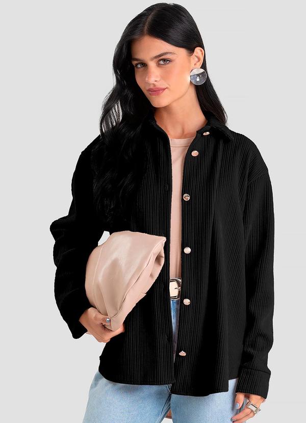 Camisa Feminina Manga Longa em Veludo Preto