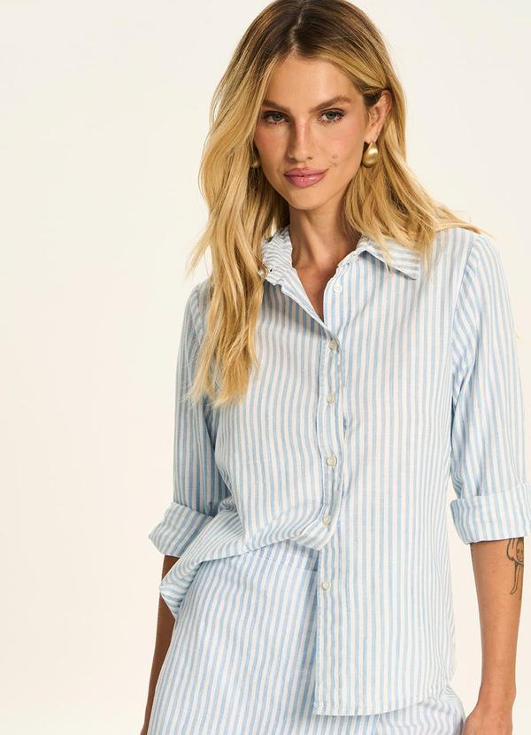 Camisa Listrada com Manga Longa Azul