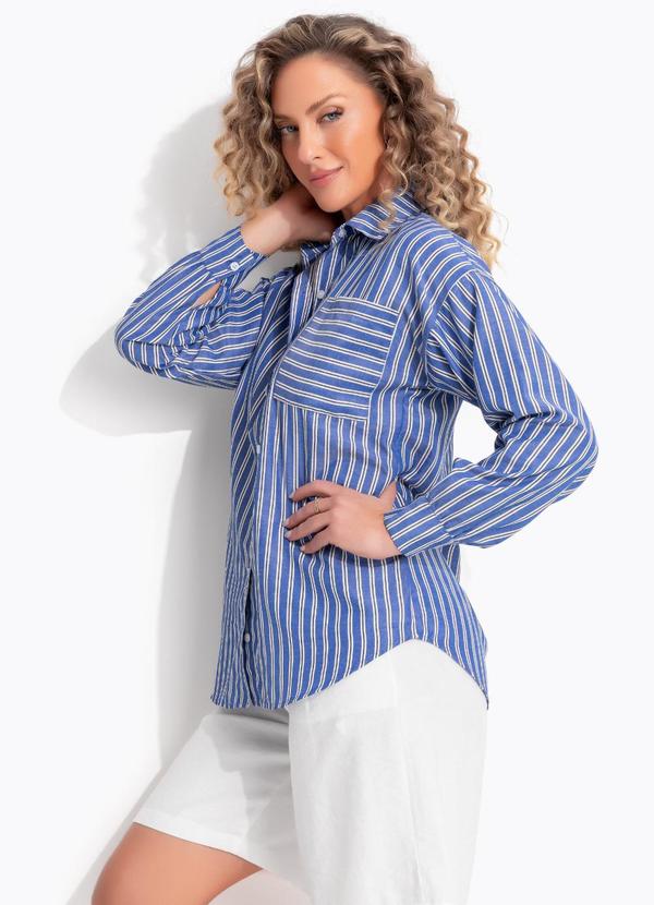 Camisa Listrado Azul em Poliéster com Algodão