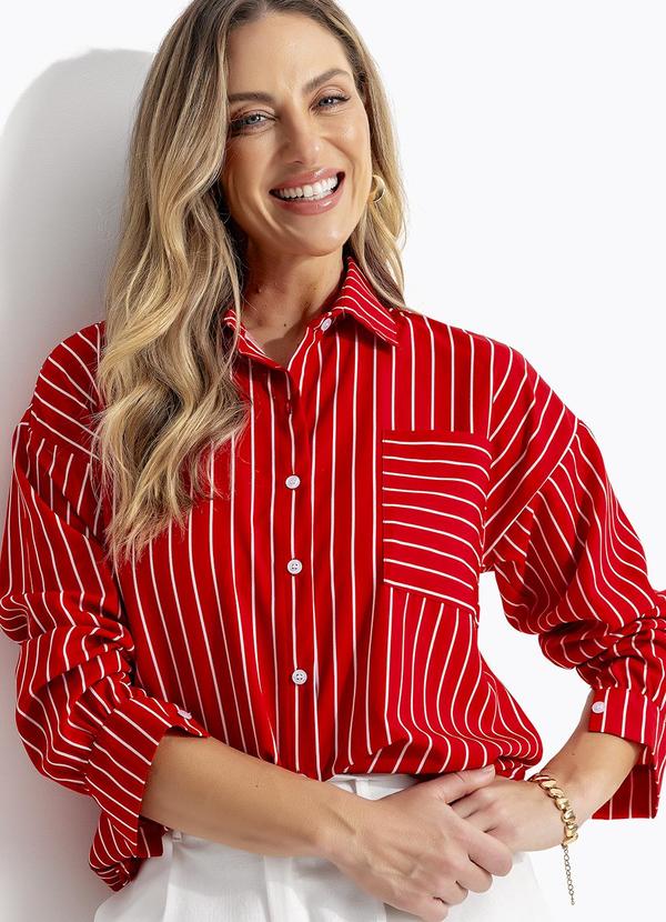 Camisa Listrado Vermelho em Tecido Poliéster