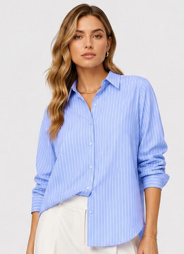 Camisa Oversized Listrada Feminina Azul