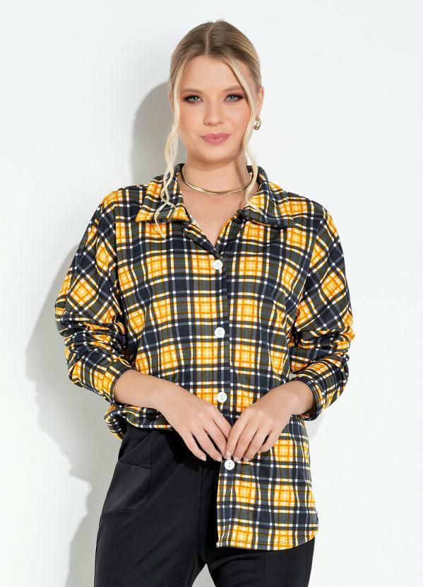 Vista 2 Camisa Xadrez Amarelo com Botões e Mangas Longas Moda Pop Moda Pop