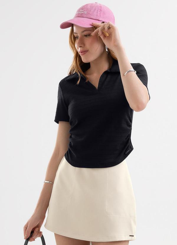 Blusa Polo Listrada em Cotton Preto