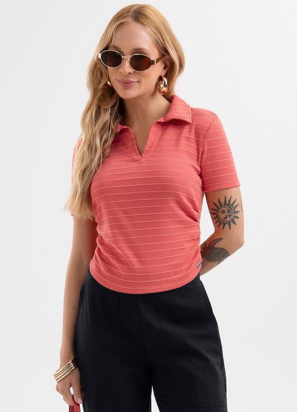Blusa Polo Listrada em Cotton Vermelho