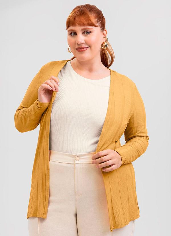 Cardigã Plus Size em Canelado Amarelo