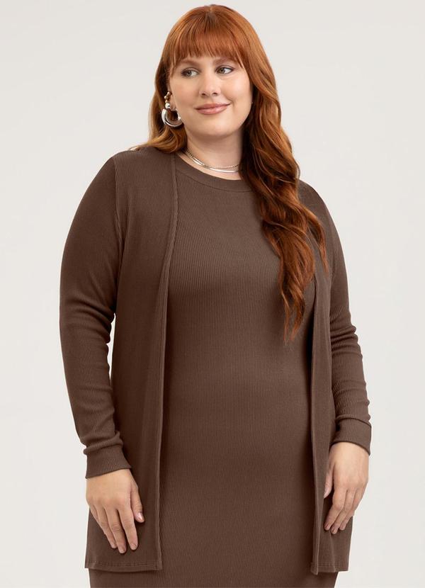Cardigã Plus Size em Canelado Marrom Escuro