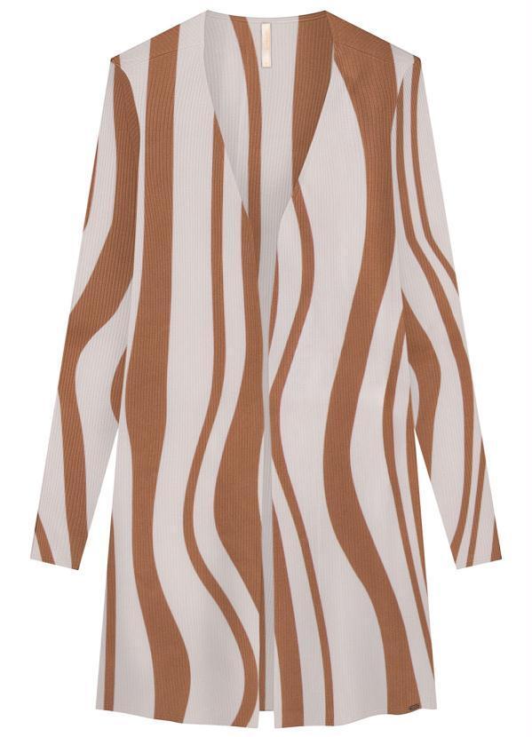Vista 2 Cardigan Alongado Canelado Estampado Bege Lunender Lunender