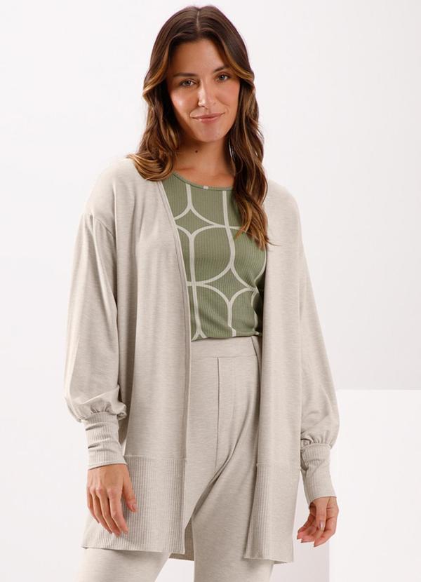 Vista 2 Cardigan Alongado com Punho em Moletom Bege Lunender Lunender