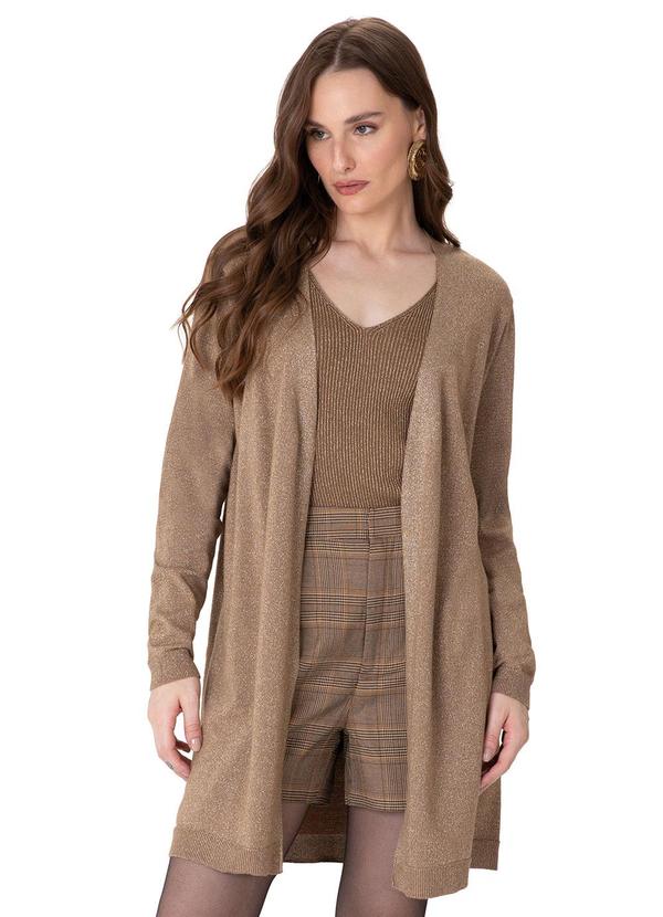 Cardigan Alongado em Tricot Lurex Bege