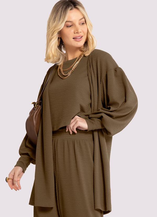 Vista 2 Cardigan Alongado Texturizado com Manga Bufante Marrom Lunender Lunender