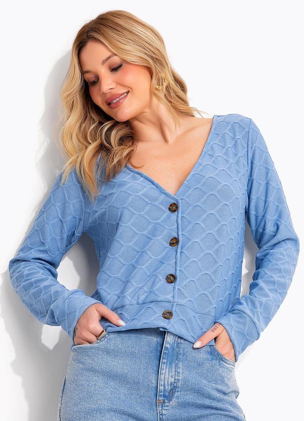 Vista 2 Cardigan Azul em Malha Tricô Quintess Quintess