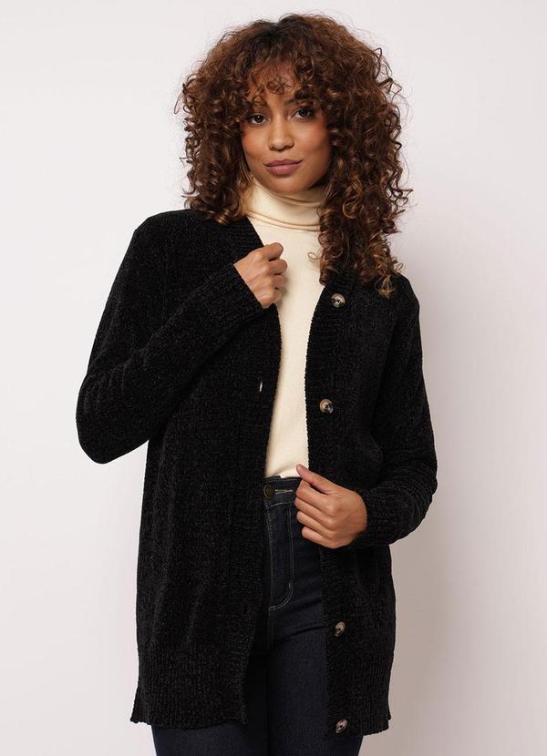 Cardigan Feminino Chenille com Botões Preto