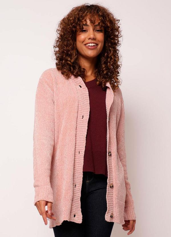 Cardigan Feminino Chenille com Botões Rosa