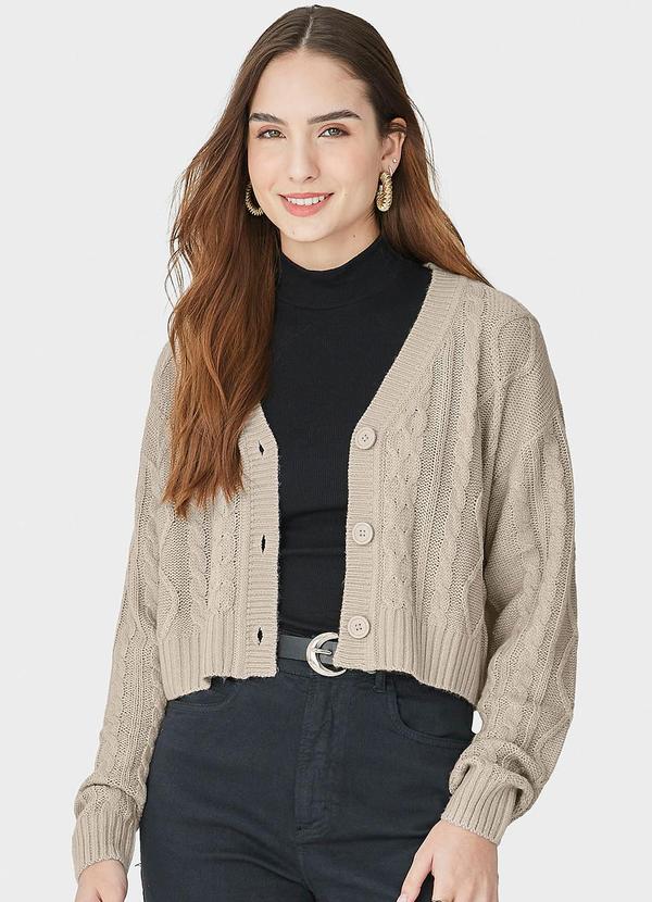 Cardigan Feminino Cropped em Tricô Bege