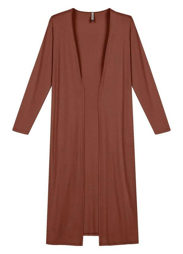 Vista 2 Cardigan Feminino Longo com Bolso Marrom Marialícia Marialícia