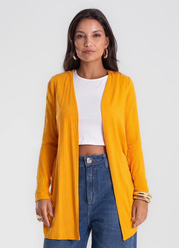 Vista 2 Cardigan Feminino Ribana Canelada Amarelo Endless Endless