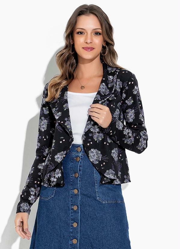 Vista 2 Cardigan Floral Preto com Gola Rosalie Rosalie