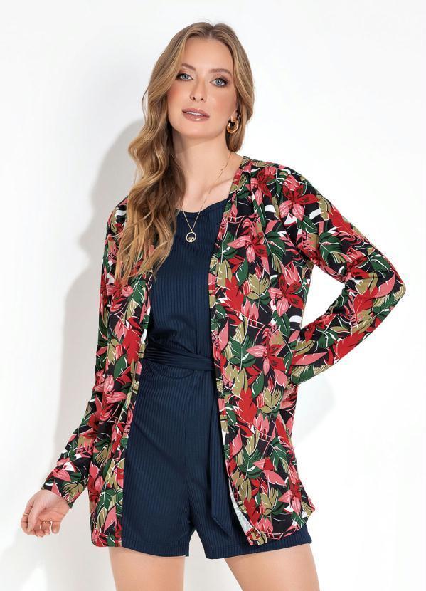 Vista 2 Cardigan Floral Vermelho com Manga Longa Moda Pop Moda Pop