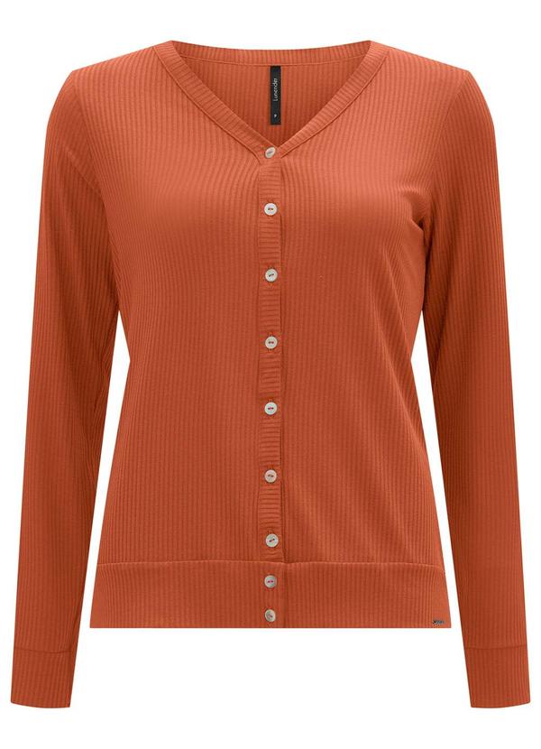 Vista 2 Cardigan Malha Canelada com Decote em V Laranja Lunender Lunender