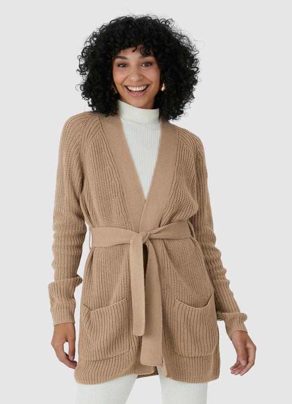 Cardigan Transpassado em Tricot Bege