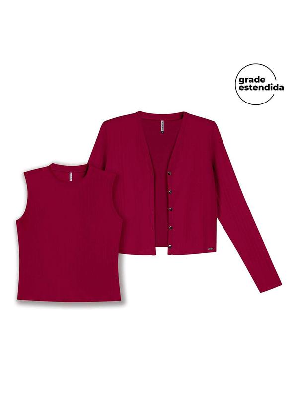 Vista 2 Conjunto Cardigan e Regata Canelado Vermelho Marialícia Marialícia